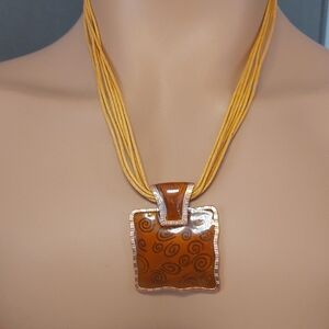 Brown Enamel Square Pendant Cord Necklace Statement